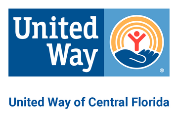 United Way logo - a yellow rainbow over an open blue hand encircling a red person with outstretched arms with words United Way of Central Florida
